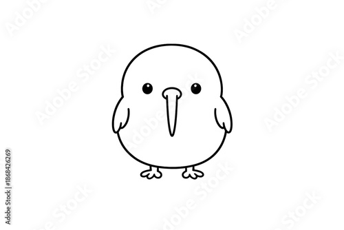 Cute minimalist black outline of a small round kiwi bird chick isolated on white