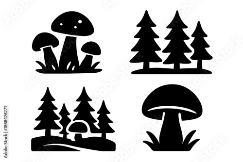 Monochromatic black silhouettes depicting various forest elements including different mushrooms and evergreen pine trees