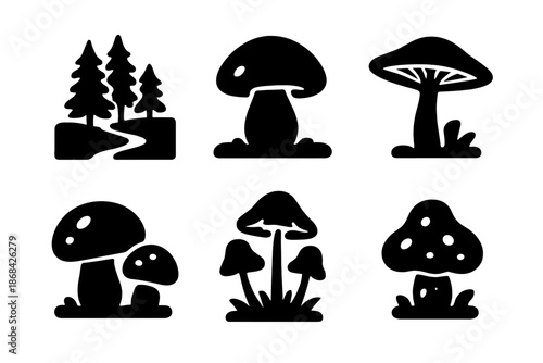 Minimalist black silhouette icons of forest mushrooms and evergreen trees