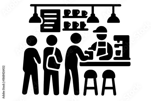 Barista serving coffee to customers waiting in line at a busy cafe counter with menu board