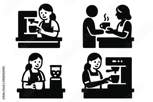 Coffee shop service icons set showing baristas making and serving hot beverages to customers