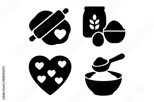 Baking preparation symbols with rolling dough, flour, measuring spoon, and heart shapes