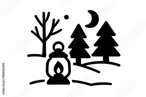 Glowing lantern illuminating pine trees and a bare tree under a crescent moon on a winter night