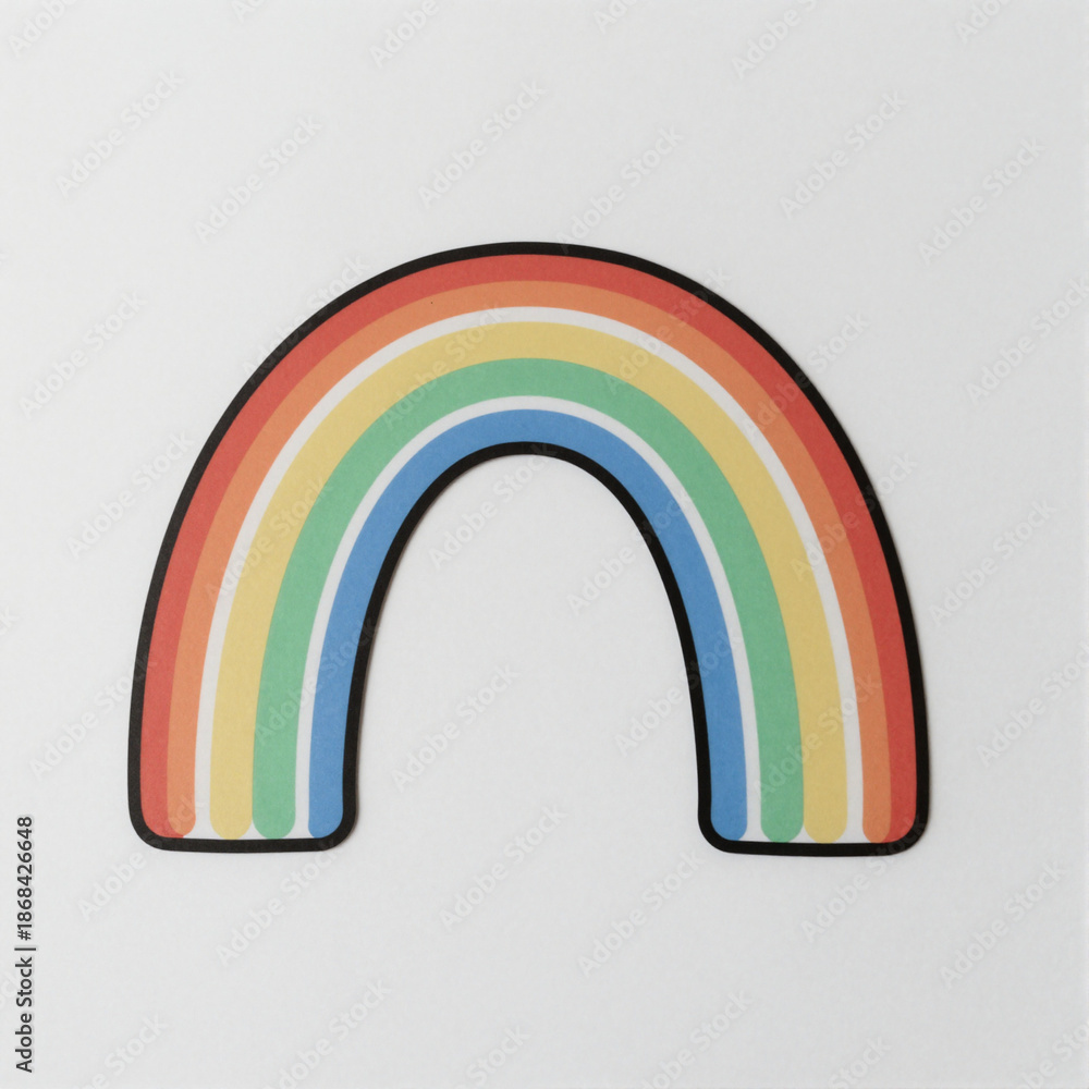 Fototapeta premium Minimalist cartoon rainbow with a bold black outline, centered on a white background