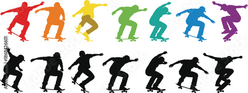 Colorful skateboarders in silhouette performing tricks silhouettes rainbow