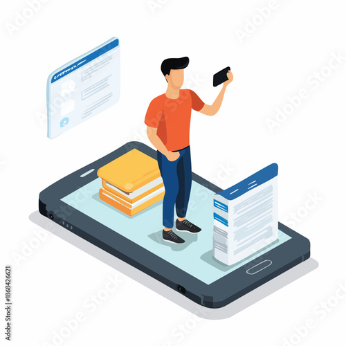 Man with smartphone and digital interfaces exploring online content and learning resources