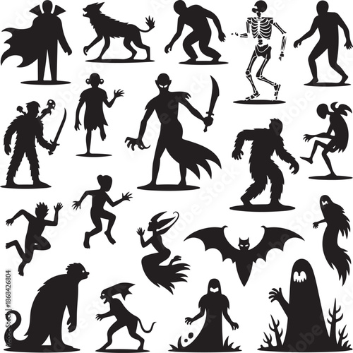 Black silhouettes of various Halloween characters and creatures on white background