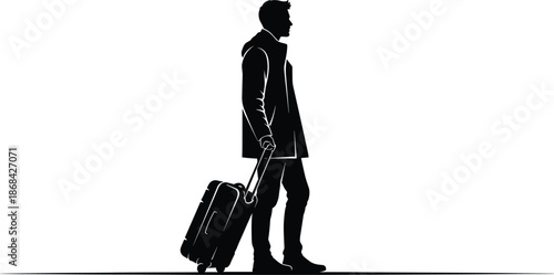 Man in coat pulling suitcase on white background silhouette black