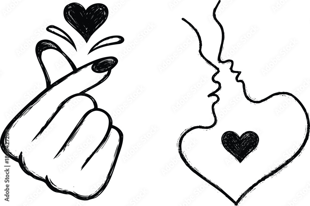 Fototapeta premium Minimalistic heart and kiss gestures isolated on a white background, perfect for love-themed social media posts or romantic branding.
