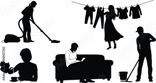 Household chores people silhouettes cleaning laundry vacuuming