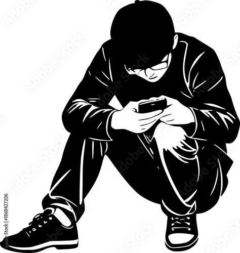 Smartphone Addiction Concept Person Sitting and Looking at Phone