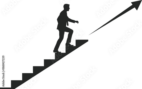 Silhouette of businessman climbing stairs with upward arrow steps