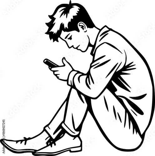 Mobile Phone Obsession Person Sitting Alone Illustration