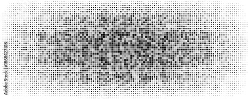 Hexagon halftone gradient texture. Abstract black grunge background. Geometric retro halftone tech overlay. Fading wavy hexagonal pattern backdrop. Vector vanishing honeycomb grunge bitmap wallpaper