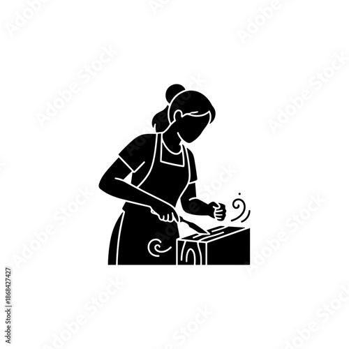 Female artisan carving wood silhouette icon. Carpenter woman working with chisel. Black glyph symbol for woodworking