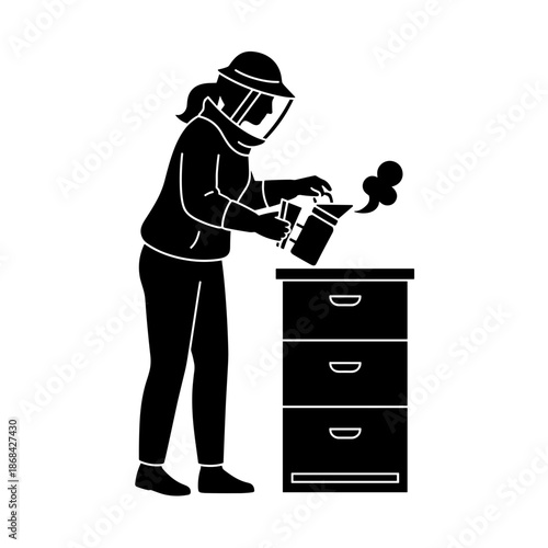 Female beekeeper silhouette checking hive. Black glyph icon of apiary worker with smoker. Isolated graphic design