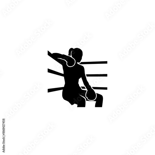 Female boxer silhouette resting in ring corner. Boxing woman icon isolated on transparent background. Sport and fitness glyph symbol