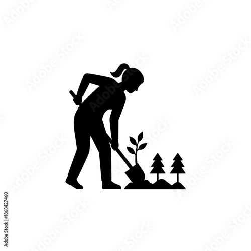 Female landscape worker planting trees. Solid black silhouette icon. Gardening and reforestation concept