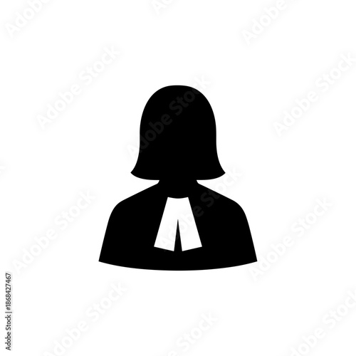Female judge or lawyer silhouette icon. Black courtroom professional symbol with robe and collar. Flat design graphic for legal apps