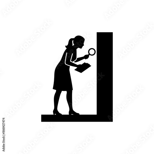 Female inspector silhouette checking wall with magnifying glass. Woman examining building structure with clipboard. Quality control and maintenance glyph icon