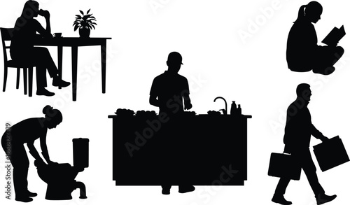 Silhouettes of people doing daily activities in kitchen and elsewhere cooking