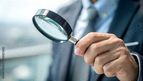 Businessman holding a magnifying glass while intently examining fine details relevant to serious financial or legal due diligence matters