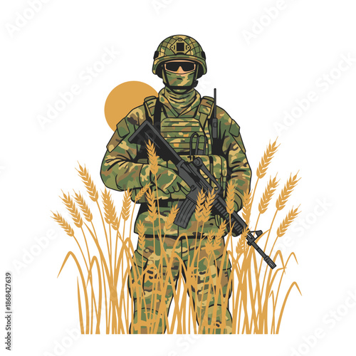 Camouflaged soldier standing in wheat field. Military combat character with assault rifle. Flat design graphic isolated