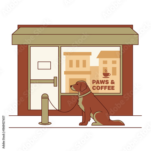 Dog waiting outside a pet-friendly cafe. Flat design graphic of a leashed pet by a storefront. Isolated on transparent background