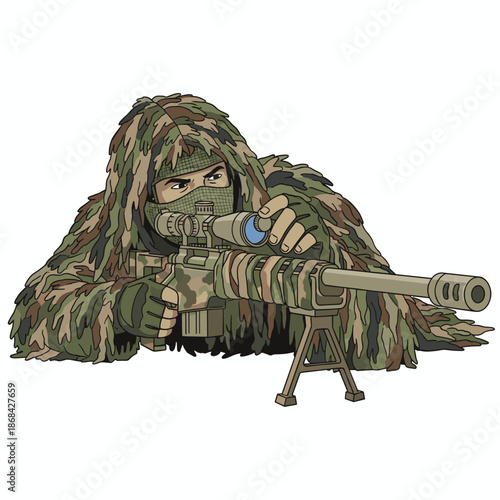 Camouflaged sniper soldier in ghillie suit aiming rifle. Military marksman with weapon. Tactical army character vector graphic