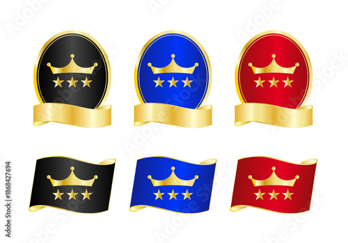 王冠と三つ星のアイコンが主役の楕円の金縁メダル×金リボン、フラッグの高級感エンブレムバッジセット（ロイヤルブラック・ロイヤルブルー・ロイヤルレッド）