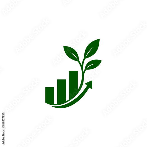 Foto Green eco growth chart logo with leaves and upward arrow, flat vector icon
