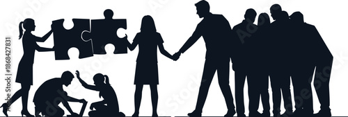 Silhouettes of people working together with puzzle pieces teamwork collaboration