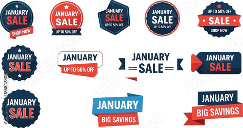 Collection of various graphic design labels and badges advertising a January sale event with different styles and discount offers