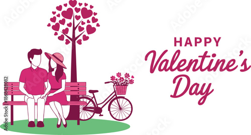 Valentines Day couple sitting on bench with bicycle and heart tree