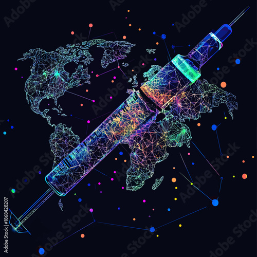 Low poly wireframe vaccine syringe over world map global immunization concept neon digital illustration for health technology and pandemic control
