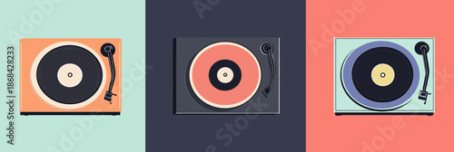 Three flat minimalist vector turntables with vinyl records in retro color palettes for music and DJ concepts design set