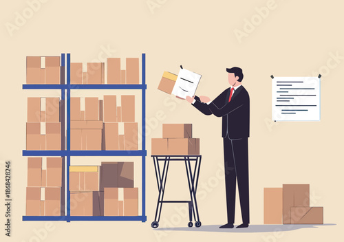 Businessman checking inventory stock with clipboard in warehouse storage room full of cardboard boxes flat illustration