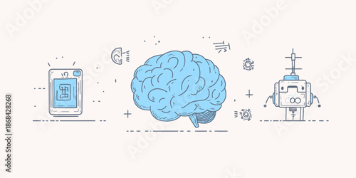 Hand drawn digital artificial brain with algorithm icons and doodle style blue robotic robot for technology and machine learning concept vector illustration