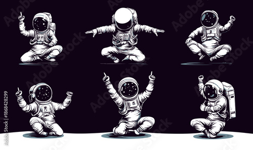 Set of six astronauts in white space suits performing various meditation and yoga poses with dark background minimalist flat vector illustration