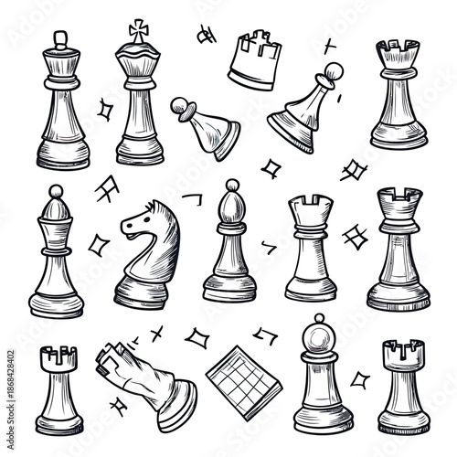 Hand drawn chess pieces set in doodle sketch style with king queen rook knight bishop and pawn isolated on white background for board game concept design