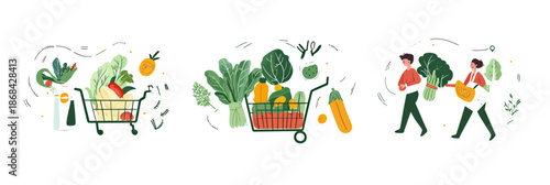 People carrying reusable baskets and grocery trolleys filled with fresh organic vegetables shopping for healthy food concept flat minimalist vector illustration set