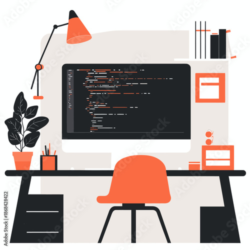 Minimalist flat vector illustration of modern workspace with computer screen displaying code editor, orange desk lamp and chair, potted plant, books, and office supplies on sleek black desk