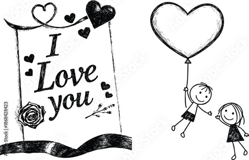 Hand drawn black and white I Love You message with hearts rose and stick figures text writing