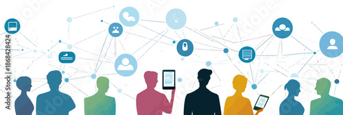 Silhouettes of diverse business people using mobile devices connected through digital network icons representing online communication collaboration and technology links in flat vector style