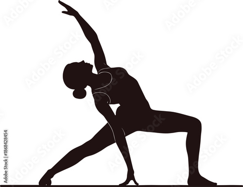 Woman in black silhouette doing yoga pose on white background