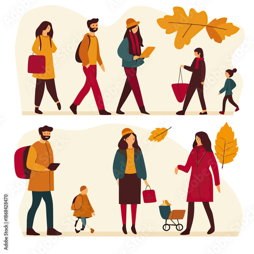 Flat minimalist vector illustration of autumn people walking with bags, stroller, tablet, and fall leaves in seasonal clothing outdoors