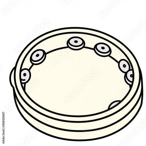 Cartoon tambourine with a ring of jingles on a pale drumhead against a white background