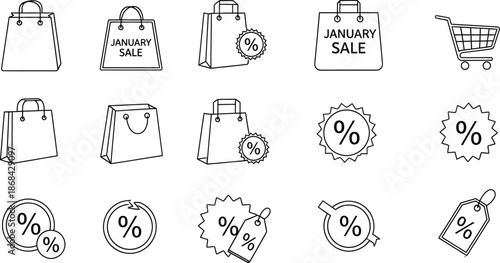 Collection of simple line art icons representing retail shopping bags discount symbols percentage signs and a shopping cart for seasonal sales promotions