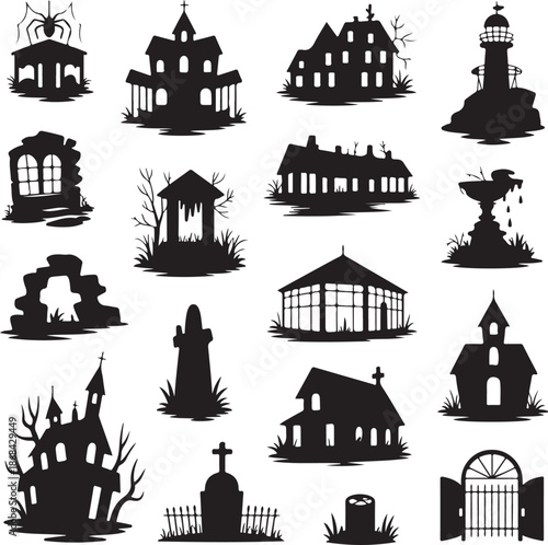 black silhouettes of various halloween themed buildings and objects