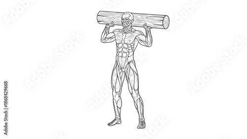 Detailed anatomical drawing of a muscular man holding a log across his shoulders, showcasing strength training.